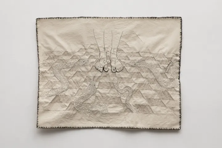 Sangre Caliente (Warm-blooded). Cotton canvas embroidered with human hair. 