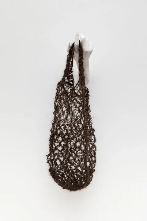 The Carrier Bag (Detail), 2023
Hair crocheted shopping bag, 3d printed hand, eye shadow pigments, acrylic nails.